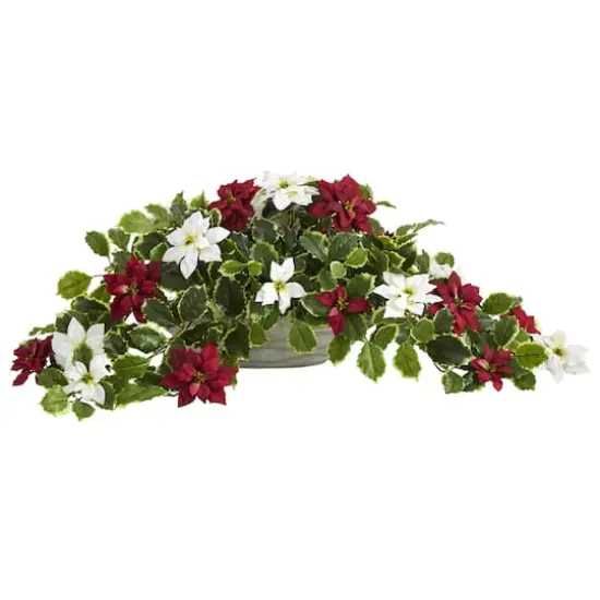 33&rdquo; Poinsettia & Variegated Holly Artificial Plant in Planter {1}