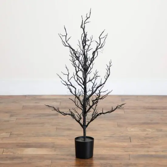 3ft. Pre-Lit Artificial Halloween Black Spooky Twig Tree with 100 Orange & Purple Copper Wire String LED Lights {6}
