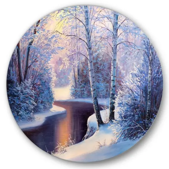 Designart - Christmas Forest With River and Trees I - Traditional Metal Circle Wall Art {1}