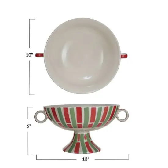 Hello Honey&reg; 13" Red, Green & Cream Hand-Painted Stoneware Footed Bowl with Handles & Stripes {4}