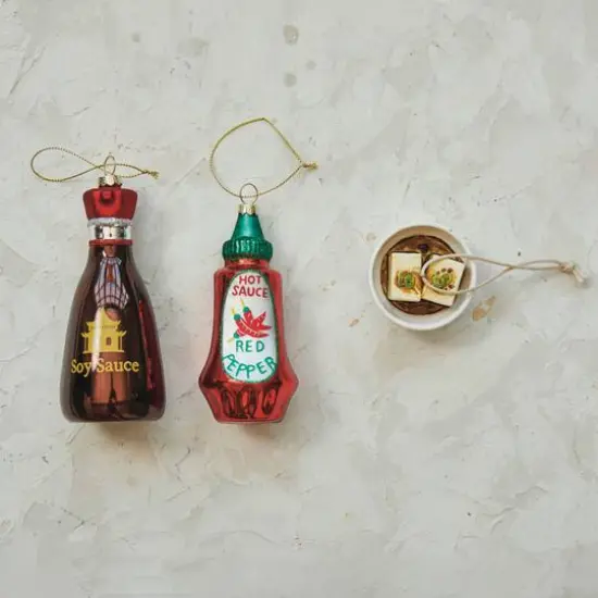 Hello Honey® 5.25" Hand-Painted Glass Hot Sauce Bottle Ornament with Glitter {3}