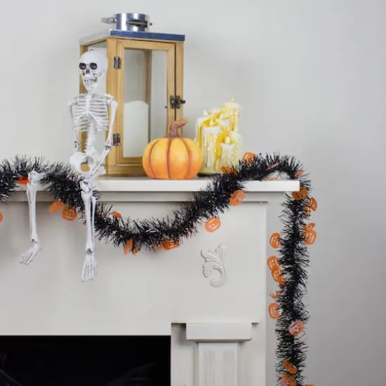 50ft. Black & Orange Jack O Lanterns Halloween Tinsel Garland {4}