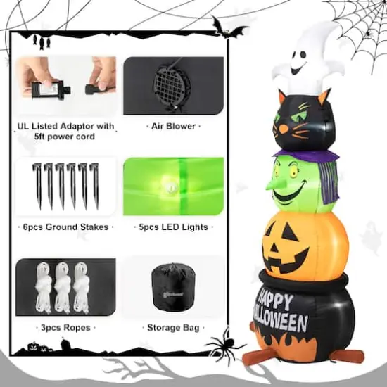 Glitzhome&reg; 8ft. Lighted Halloween Inflatable Stacked Ghost, Black Cat, Witch & Pumpkin D&eacute;cor {7}