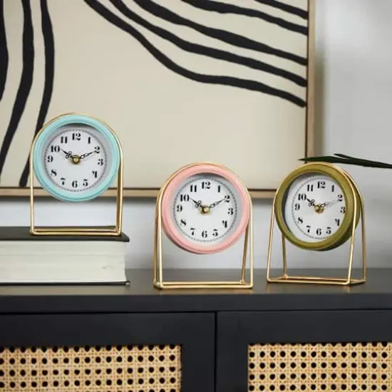 7" Multicolor Pastel Metal Tabletop Clock Set with Gold Frames, 3ct. {5}