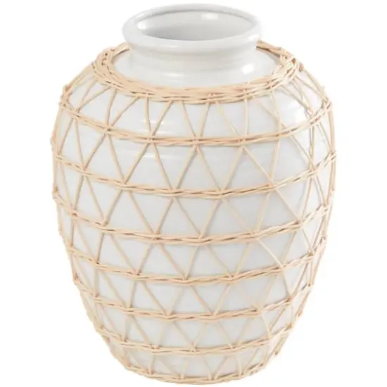 14" White Ceramic Handmade Vase with Woven Rattan Exterior {1}