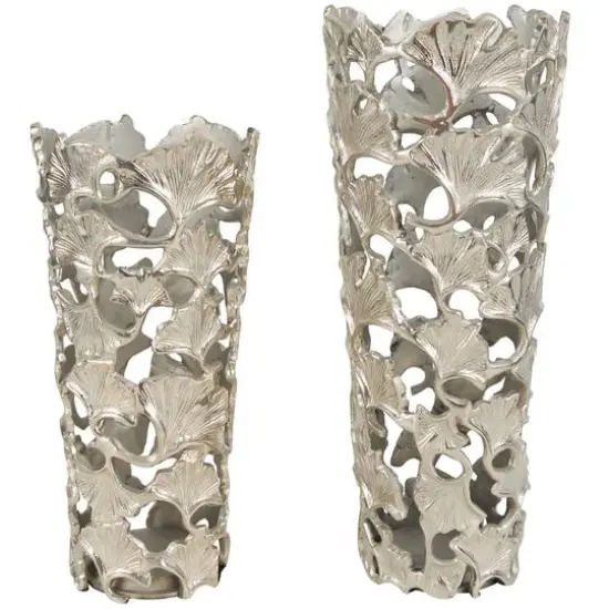 Silver Aluminum Vase with Gingko Leaf Design Set {1}