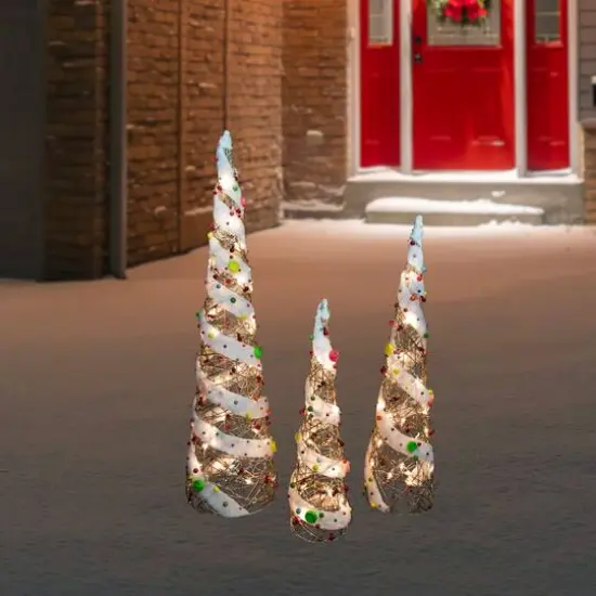 Set of 3 Lighted Champagne Gold Rattan Candy Covered Cone Tree Christmas Yard Art Decorations 39.25" {4}