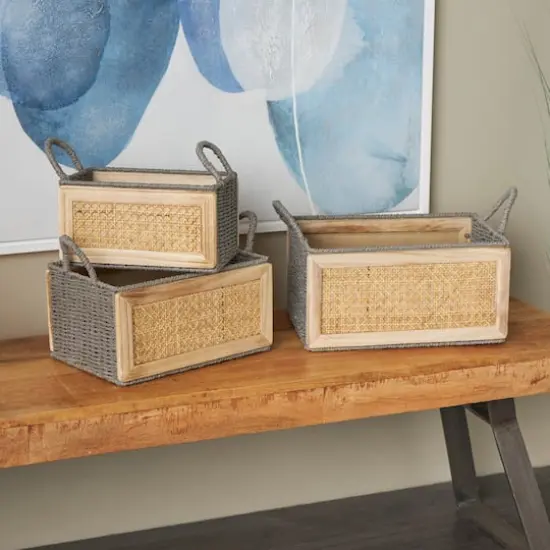 Light Brown Rattan Woven Basket with Gray Rope Handles, 3ct. {10}