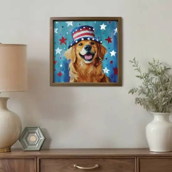16" x 16" Patriotic Golden Retriever Framed Print Brown Frame {5}