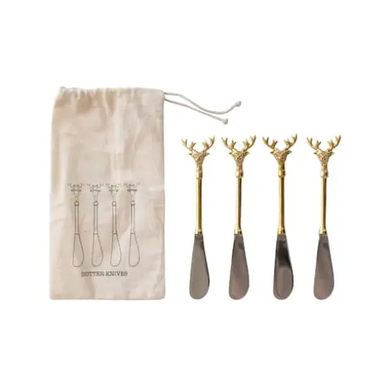 Hello Honey&reg; Gold Reindeer Handle Stainless Steel & Brass Canap&eacute; Knife Set {1}