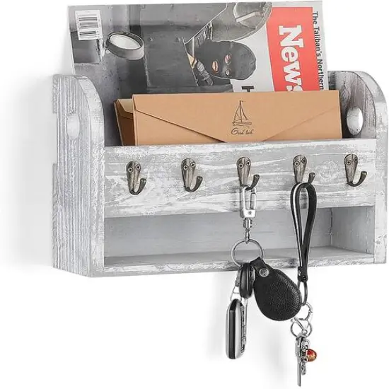 NEX&trade; Gray White Wood Wall Mounted Mail & Key Holder {1}