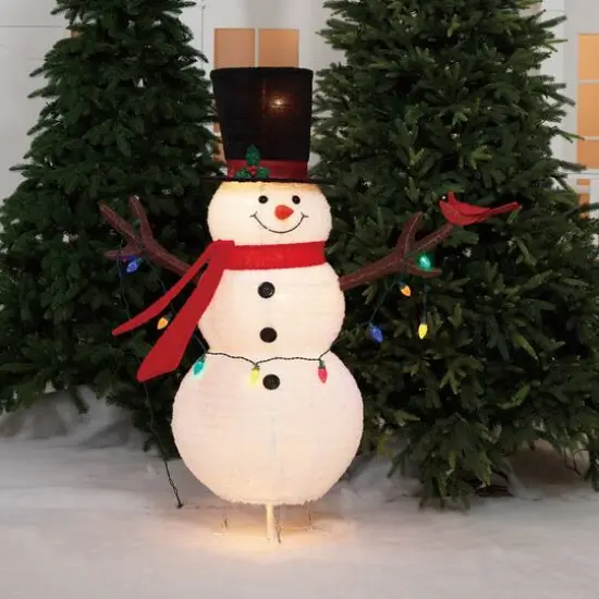4ft. Pop-Up Fluffy Snowman Sculpture with String Lights {6}