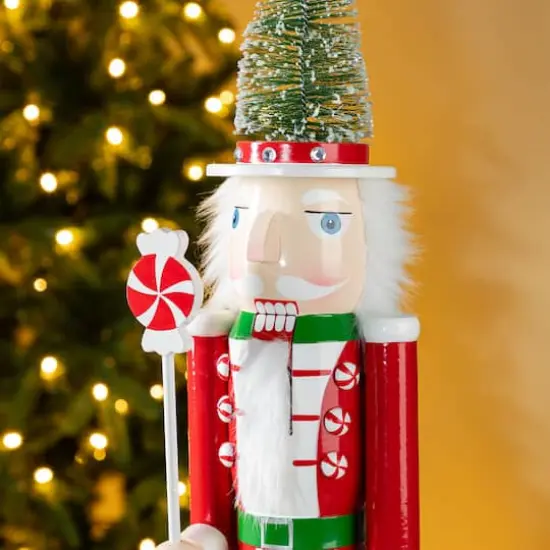 Glitzhome&reg; 26"H Wooden Christmas Green Brush Tree Nutcracker {5}