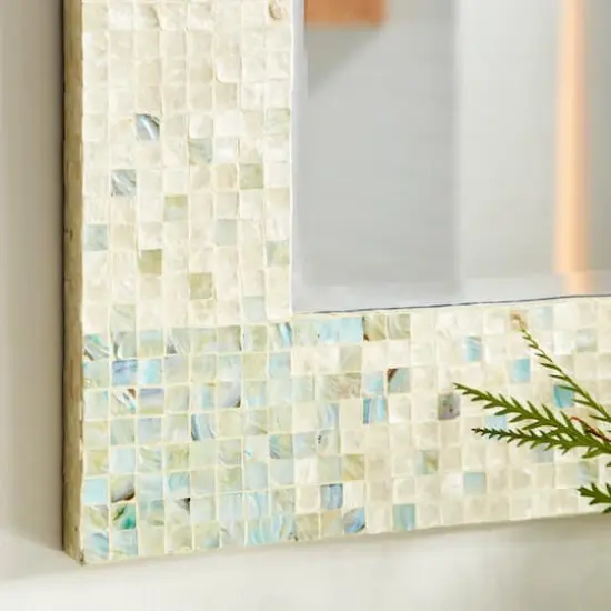 36" Cream & Aqua Coastal Mother Of Pearl Wall Mirror {9}