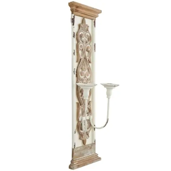 29" Brown Wood Pillar 2 Plate Scroll Wall Sconce {3}
