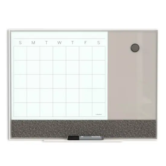 U Brands 3-in-1 White Aluminum Framed White and Gray Magnetic Glass Monthly Calendar Dry-Erase Board, 24" x 18" {1}