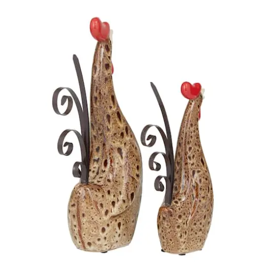 Cream Ceramic Farmhouse Rooster Garden Sculpture Set {6}