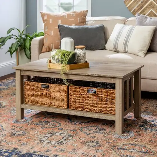 Walker Edison 40" Driftwood Mission Storage Coffee Table with Baskets {5}