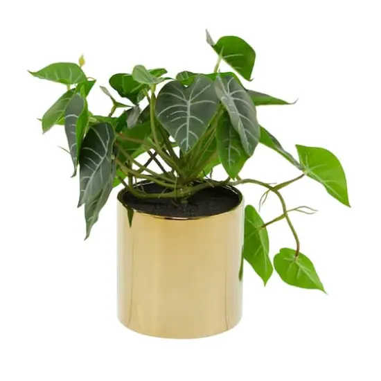 14" Green Faux Foliage Pothos Artificial Plant With Gold Porcelain Pot {5}