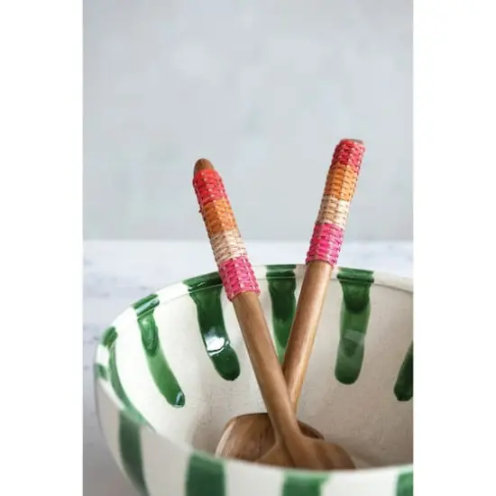 Hello Honey® 12" Teakwood Kitchen Salad Servers with Rattan Wrapped Handles & Drawstring Bag {3}