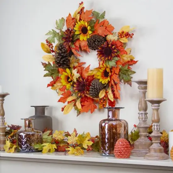 24" Sunflower & Pinecone Fall Wreath {3}