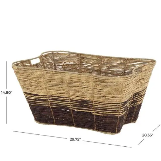 30" Brown Seagrass Handmade Oversized Color Block Storage Basket with Slot Handles {8}