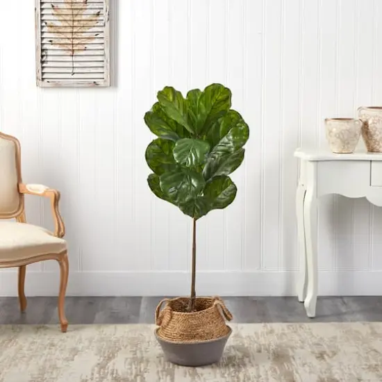 4ft. Fiddle Leaf Artificial Tree in Boho Chic Handmade Cotton & Jute Gray Woven Planter UV Resistant (Indoor/Outdoor) {4}