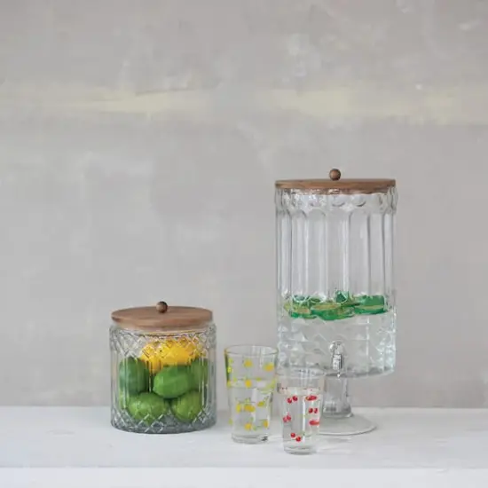 Hello Honey 8-Quart Cut Glass Beverage Dispenser with Plastic Spout and Acacia Wood Lid, Silver Color and Natural {5}