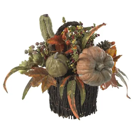 15" Green Fall Pumpkin & Berry Table Arrangement in Twig Base {1}