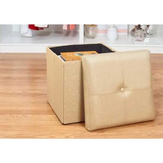 Simplify Metallic Faux Leather Folding Storage Ottoman Cube Gold {7}