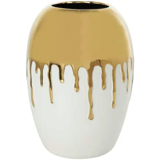 CosmoLiving by Cosmopolitan 13" White Ceramic Vase with Abstract Gold Melting Drips {1}