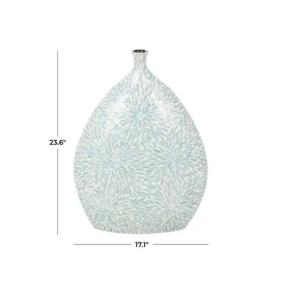 24" Light Blue Mother of Pearl Shell Floral Handmade Large Mosaic Vase with Cream Underlay {6}