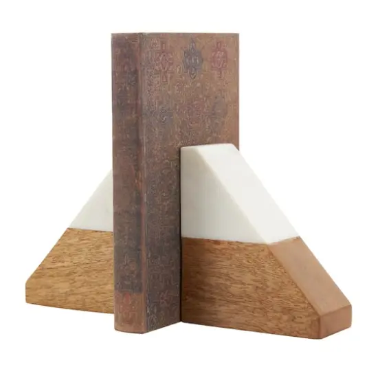 5" Marble & Wood Geometric Triangle Bookends Set {9}