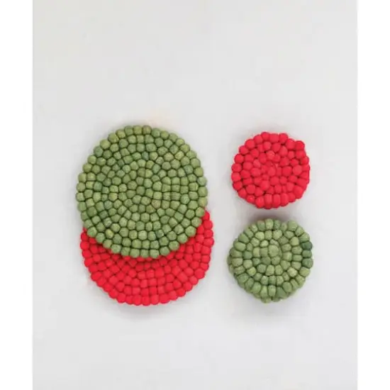 Hello Honey&reg; 4" Red & Green Handmade Wool Felt Ball Coaster Set {3}