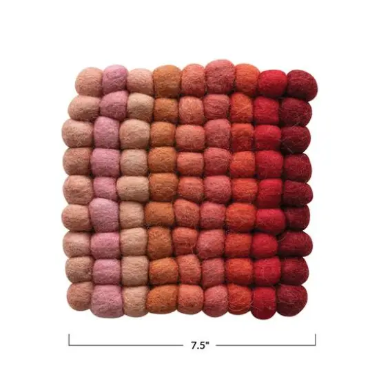 Hello Honey® 7.5" Red, Pink & Blush Handmade Wool Felt Ball Square Trivet {5}