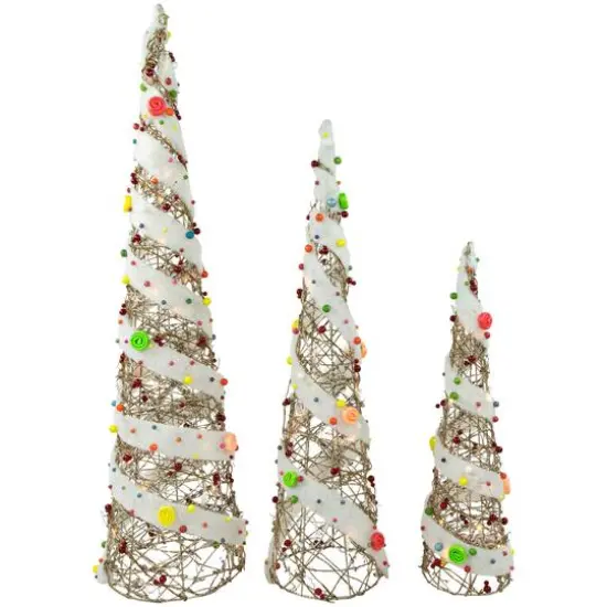 Set of 3 Lighted Champagne Gold Rattan Candy Covered Cone Tree Christmas Yard Art Decorations 39.25" {5}