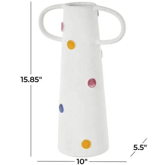 16" White & Multicolor Spots Slim Cone Ceramic Decorative Vase with Handles {6}