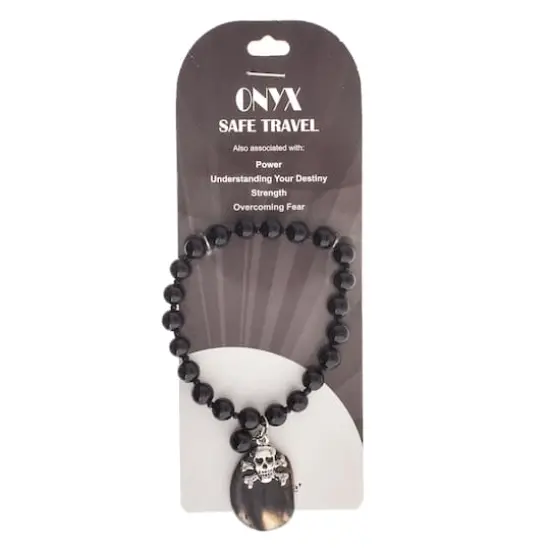 John Bead Onyx Black Natural Stone Bracelet with Agate & Skull Charm {1}