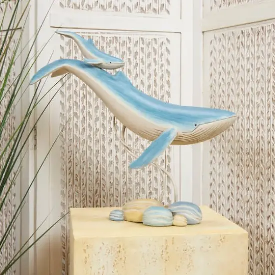 18.5" Blue Polystone Swimming Whale Parent & Child Sculpture D&eacute;cor {3}
