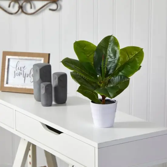 11" Rubber Leaf Plant in Decorative White Planter {4}