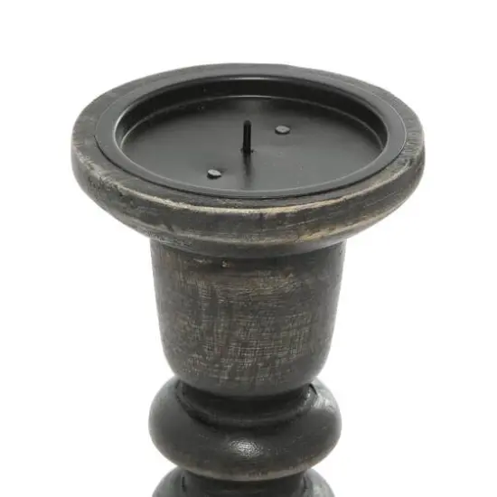Dark Brown Mango Wood Traditional Ridged Candle Holder Set {5}