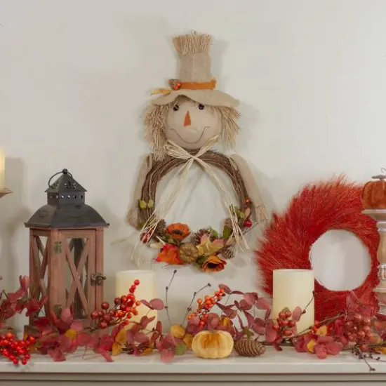 20" Tan & Orange Fall Harvest Scarecrow Wreath Wall Decor {3}
