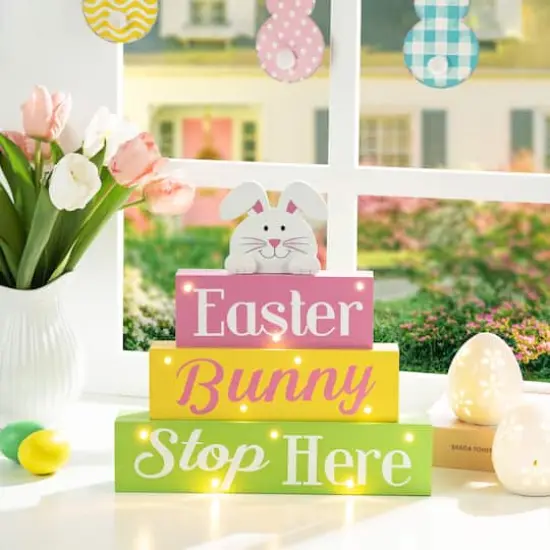 Glitzhome&reg; 12" Easter LED Lighted Wooden Bunny Block Word Sign {3}