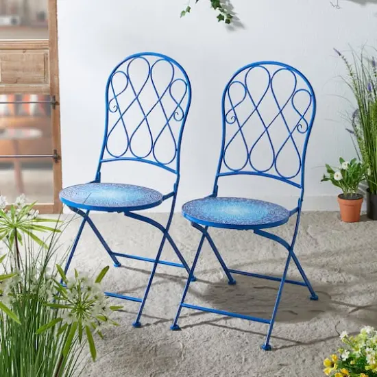 Glitzhome&reg; 36.5" Blue Outdoor Metal Folding Bistro Chairs with Ceramic Tiles Seat, 2ct. {3}
