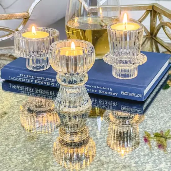 Kate Aspen&reg; Assorted Vintage Ribbed Clear Glass Candlestick Candle Holder Set {6}