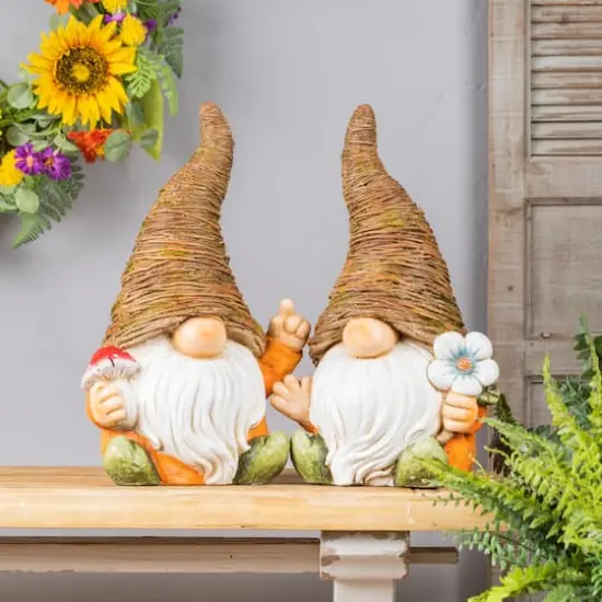 16.5" Distressed Garden Gnomes with Mushroom & Flower Statue Set {3}