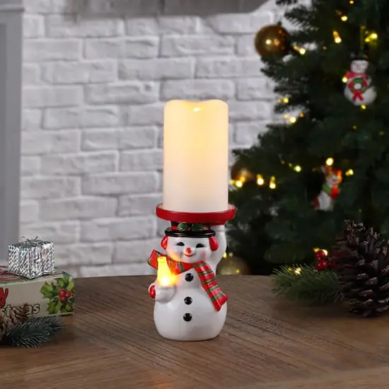 6" Snowman Ceramic LED Lit Candle Holder & Flameless Candle {3}