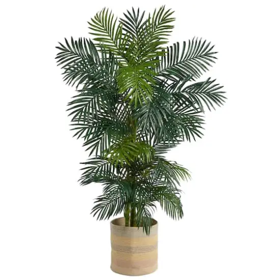 6.5ft. Golden Cane Artificial Palm Tree in Handmade Natural Cotton Multicolored Woven Planter {1}