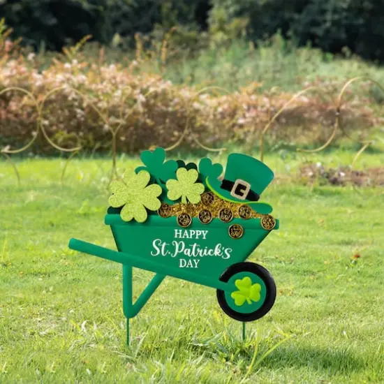 Glitzhome&reg; 24" St. Patrick's Metal Shamrocks Wagon Yard Stake {3}
