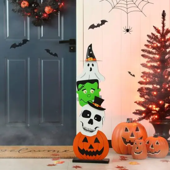 Glitzhome&reg; 36" Halloween Wood Stacked Ghost, Frankenstein, Skull & Pumpkin Porch D&eacute;cor {4}